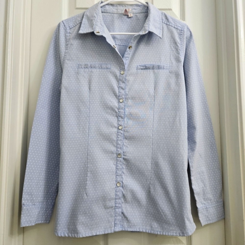 Womens Light Blue & White Polka Dot Buttoned Cotton Long Sleeve shirt - S